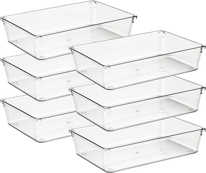 6 Pack Drawer Organizer - 6" X 9" Plastic Storage Bins, Acrylic Organizers with Non-Slip Pads Clear Desk Storage Tray for Makeup, Jewelries, Kitchen Utensils, Bathroom and Office