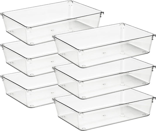 6 Pack Drawer Organizer - 6" X 9" Plastic Storage Bins, Acrylic Organizers with Non-Slip Pads Clear Desk Storage Tray for Makeup, Jewelries, Kitchen Utensils, Bathroom and Office