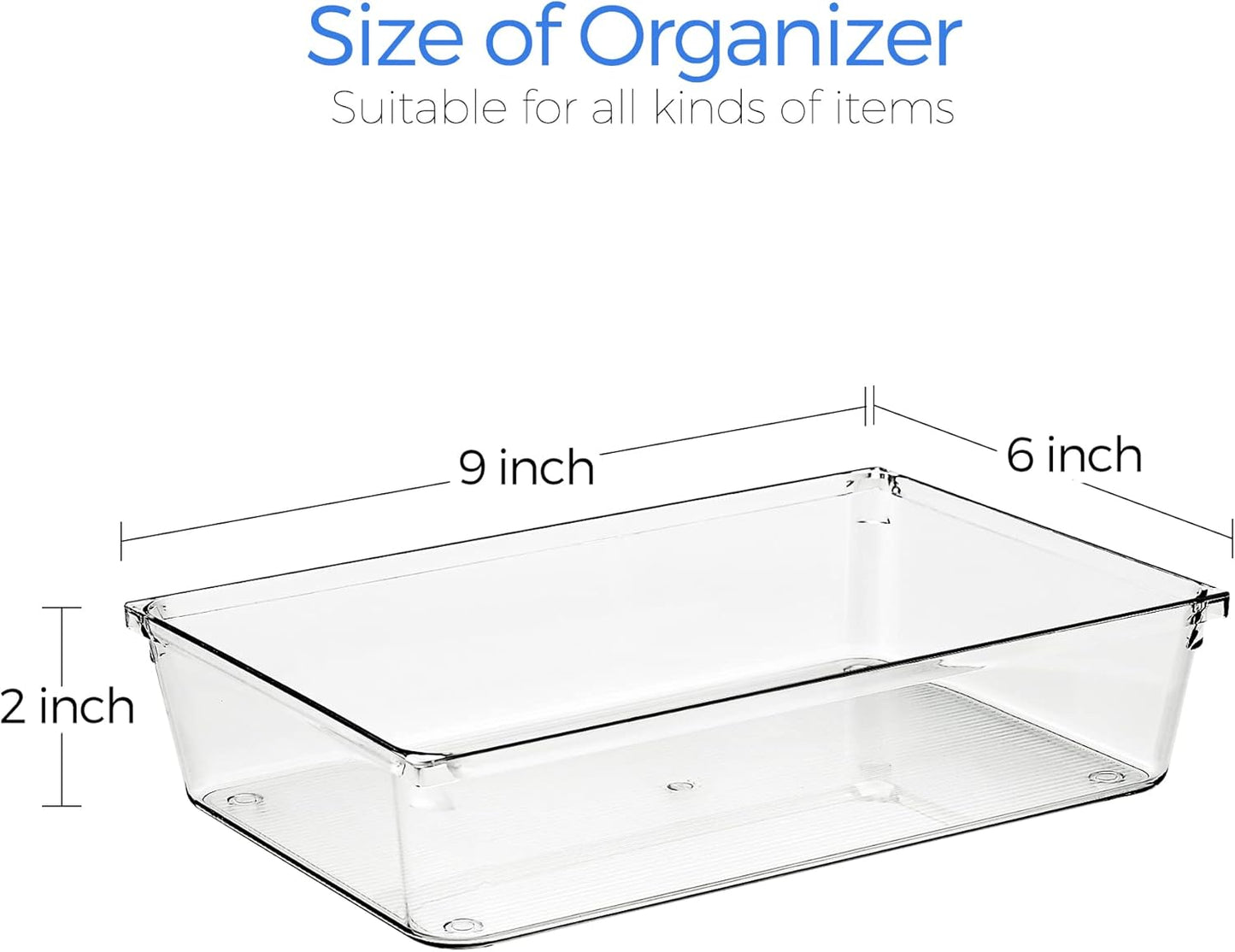 6 Pack Drawer Organizer - 6" X 9" Plastic Storage Bins, Acrylic Organizers with Non-Slip Pads Clear Desk Storage Tray for Makeup, Jewelries, Kitchen Utensils, Bathroom and Office