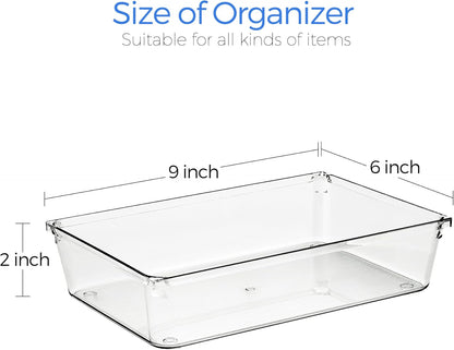 6 Pack Drawer Organizer - 6" X 9" Plastic Storage Bins, Acrylic Organizers with Non-Slip Pads Clear Desk Storage Tray for Makeup, Jewelries, Kitchen Utensils, Bathroom and Office