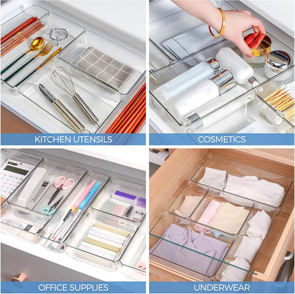 6 Pack Drawer Organizer - 6" X 9" Plastic Storage Bins, Acrylic Organizers with Non-Slip Pads Clear Desk Storage Tray for Makeup, Jewelries, Kitchen Utensils, Bathroom and Office