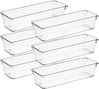 6 Pack Drawer Organizer - 6" X 9" Plastic Storage Bins, Acrylic Organizers with Non-Slip Pads Clear Desk Storage Tray for Makeup, Jewelries, Kitchen Utensils, Bathroom and Office