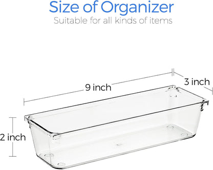 6 Pack Drawer Organizer - 6" X 9" Plastic Storage Bins, Acrylic Organizers with Non-Slip Pads Clear Desk Storage Tray for Makeup, Jewelries, Kitchen Utensils, Bathroom and Office