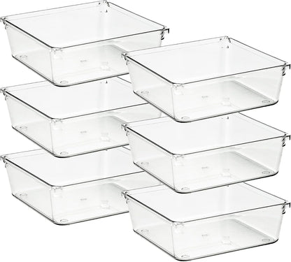 6 Pack Drawer Organizer - 6" X 9" Plastic Storage Bins, Acrylic Organizers with Non-Slip Pads Clear Desk Storage Tray for Makeup, Jewelries, Kitchen Utensils, Bathroom and Office