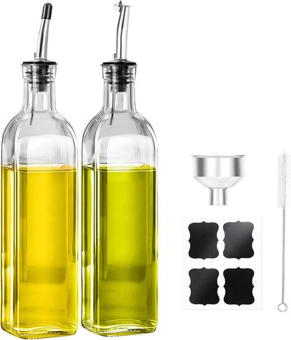 Olive Oil Dispenser Bottle, 2 Pcs Glass Oil Bottle for Kitchen, Oil and Vinegar Dispenser Set with 2 Stainless Steel Pourers, 4 Labels,1 Brush and 1 Funnel