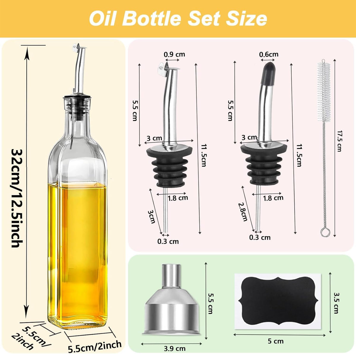 Olive Oil Dispenser Bottle, 2 Pcs Glass Oil Bottle for Kitchen, Oil and Vinegar Dispenser Set with 2 Stainless Steel Pourers, 4 Labels,1 Brush and 1 Funnel