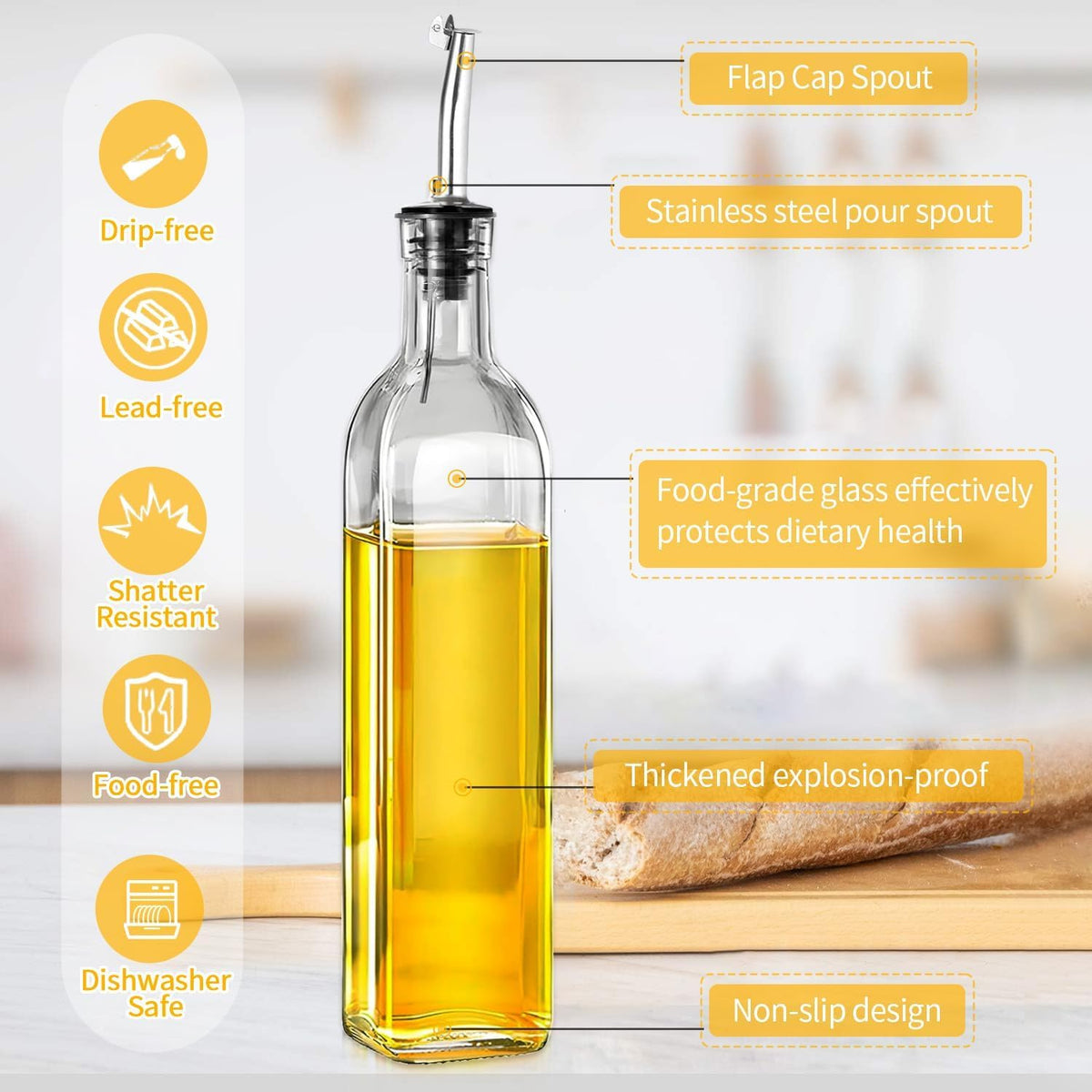 Olive Oil Dispenser Bottle, 2 Pcs Glass Oil Bottle for Kitchen, Oil and Vinegar Dispenser Set with 2 Stainless Steel Pourers, 4 Labels,1 Brush and 1 Funnel