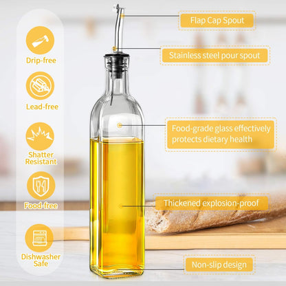 Olive Oil Dispenser Bottle, 2 Pcs Glass Oil Bottle for Kitchen, Oil and Vinegar Dispenser Set with 2 Stainless Steel Pourers, 4 Labels,1 Brush and 1 Funnel