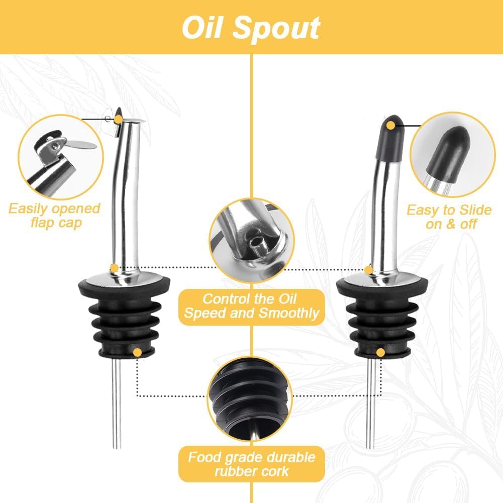 Olive Oil Dispenser Bottle, 2 Pcs Glass Oil Bottle for Kitchen, Oil and Vinegar Dispenser Set with 2 Stainless Steel Pourers, 4 Labels,1 Brush and 1 Funnel