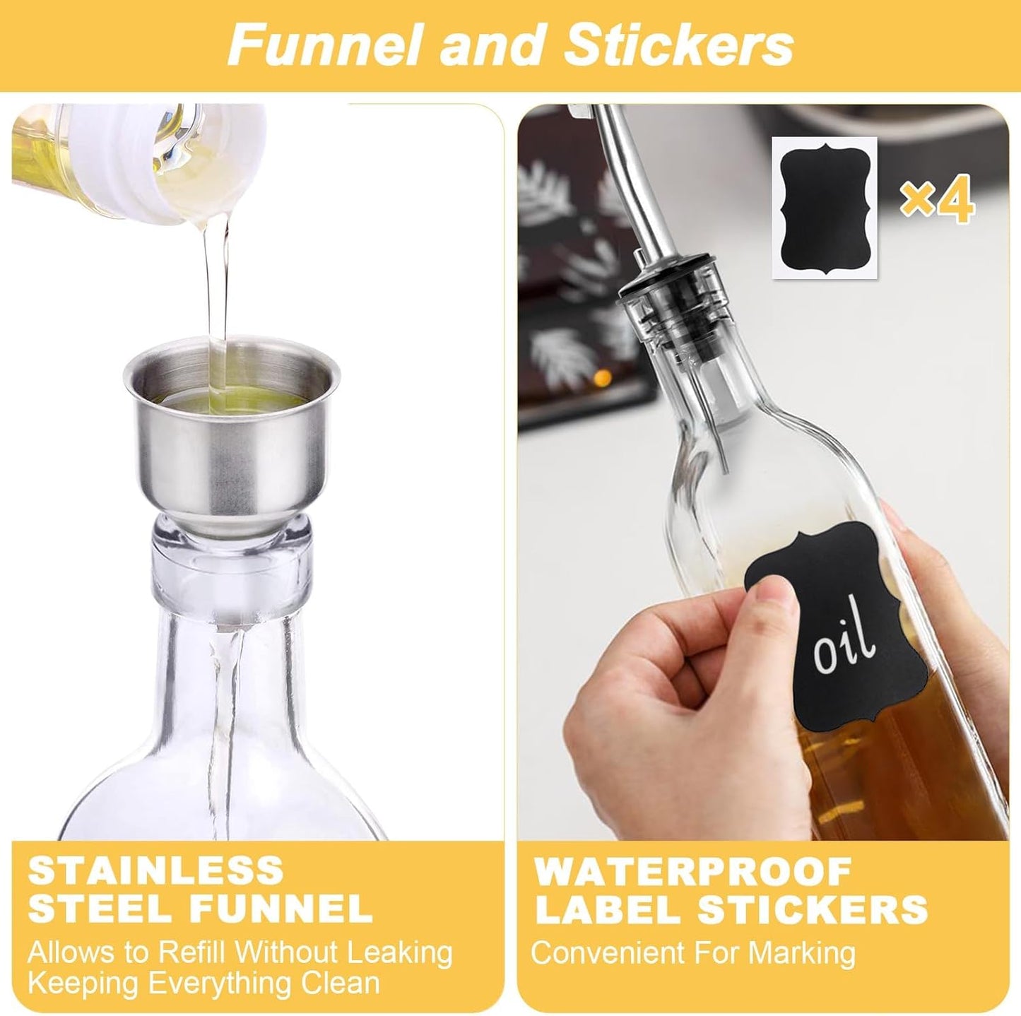 Olive Oil Dispenser Bottle, 2 Pcs Glass Oil Bottle for Kitchen, Oil and Vinegar Dispenser Set with 2 Stainless Steel Pourers, 4 Labels,1 Brush and 1 Funnel