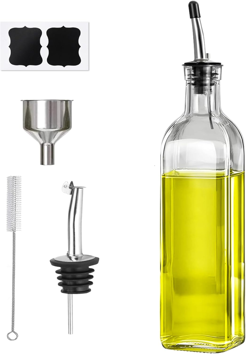 Olive Oil Dispenser Bottle, 2 Pcs Glass Oil Bottle for Kitchen, Oil and Vinegar Dispenser Set with 2 Stainless Steel Pourers, 4 Labels,1 Brush and 1 Funnel