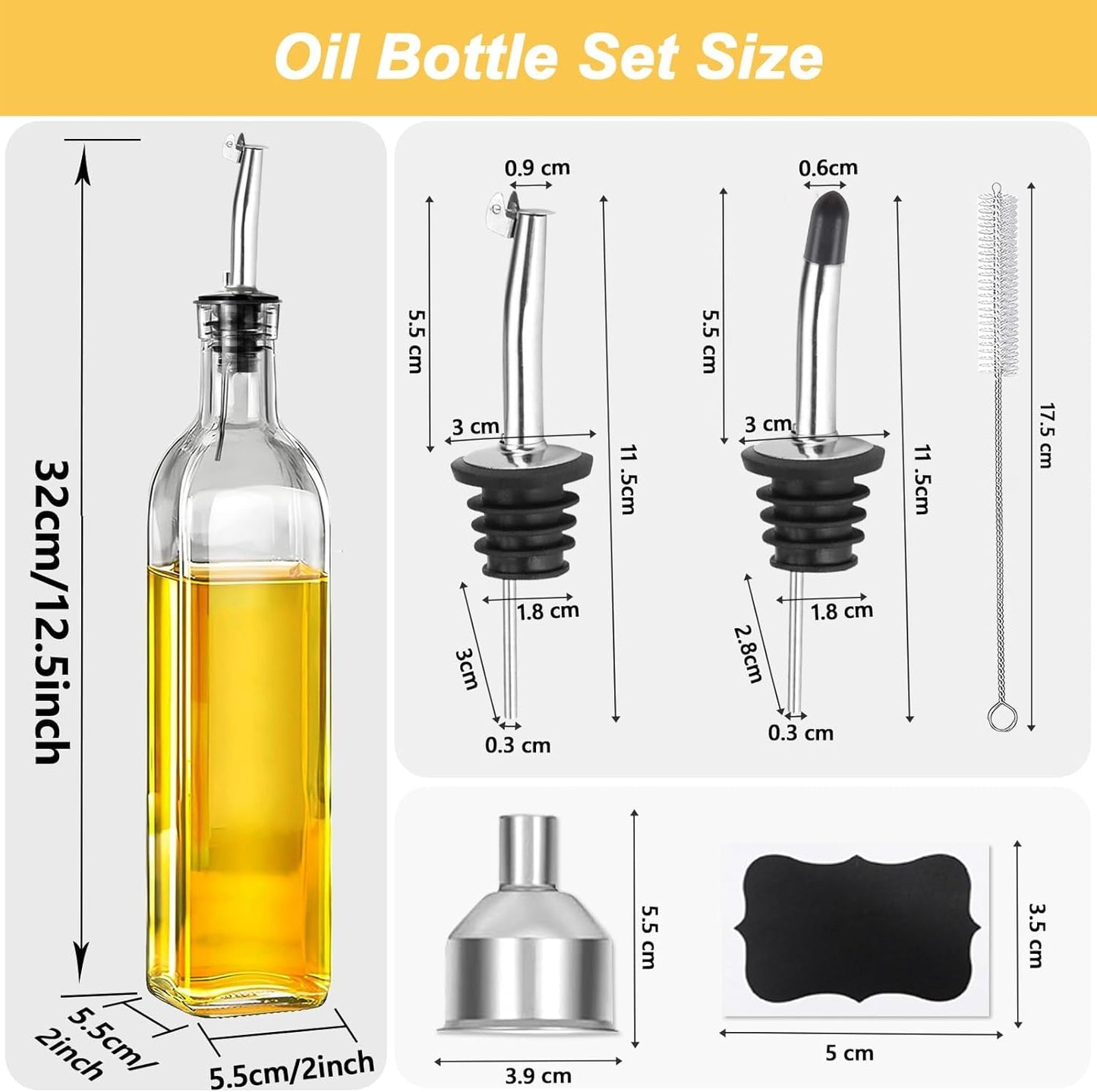 Olive Oil Dispenser Bottle, 2 Pcs Glass Oil Bottle for Kitchen, Oil and Vinegar Dispenser Set with 2 Stainless Steel Pourers, 4 Labels,1 Brush and 1 Funnel