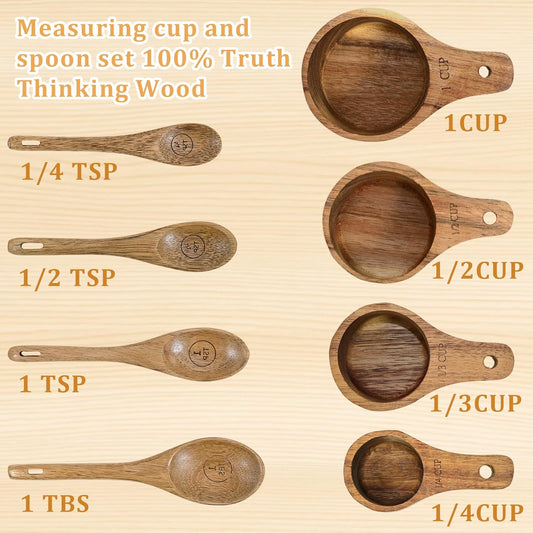 Wooden Measuring Cups and Spoons Set - Eco-Friendly Solid Acacia Wood, Laser Engraved Measurements for Precision, Perfect for Baking & Cooking, Ideal Gift for Bakers, Chefs & Home Cooks (Brown)