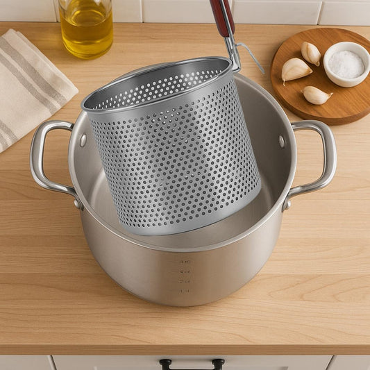 Mesh Pasta Basket Food Strainer Insert For Pot, Colander with Round Wooden Handle Stainless Steel Mesh Spider Strainer for Pasta Noodles Dumpling Vegetable