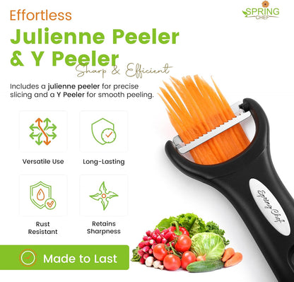 Premium Y & Vegetable Julienne Peeler Set for Kitchen with Stainless Steel Sharp Blades - Carrot Peelers with Comfortable Handles - Perfect for Zucchini, Cucumber, Papaya, Potato - Black