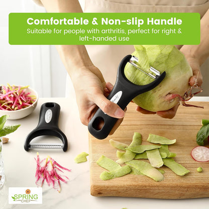 Premium Y & Vegetable Julienne Peeler Set for Kitchen with Stainless Steel Sharp Blades - Carrot Peelers with Comfortable Handles - Perfect for Zucchini, Cucumber, Papaya, Potato - Black