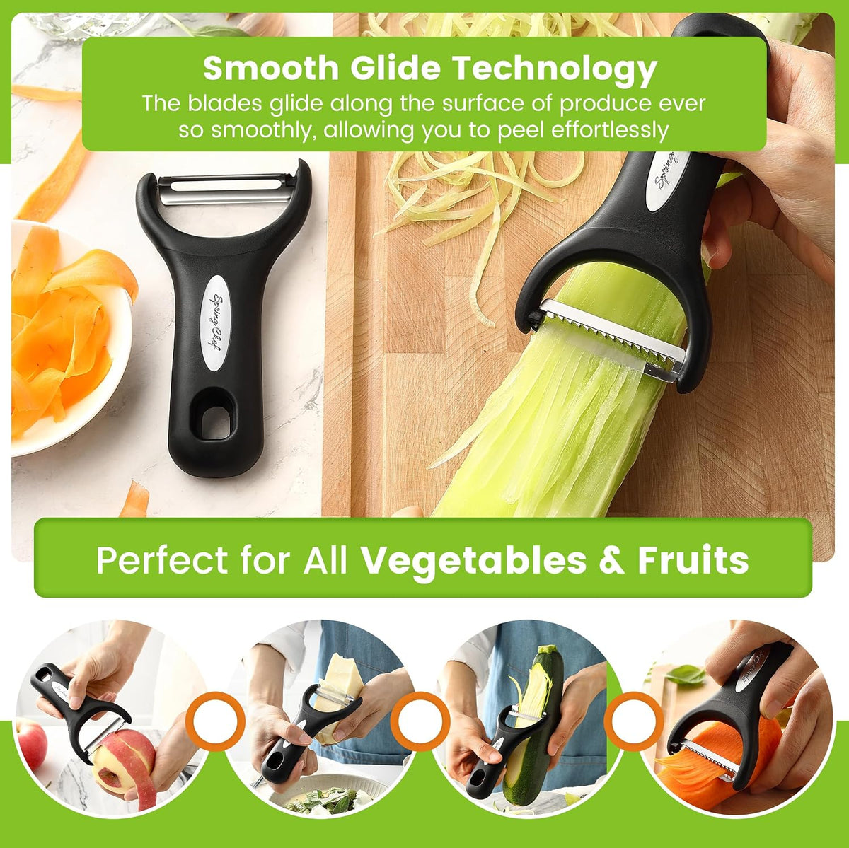 Premium Y & Vegetable Julienne Peeler Set for Kitchen with Stainless Steel Sharp Blades - Carrot Peelers with Comfortable Handles - Perfect for Zucchini, Cucumber, Papaya, Potato - Black