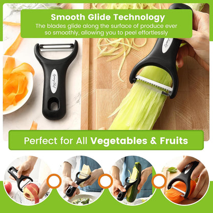 Premium Y & Vegetable Julienne Peeler Set for Kitchen with Stainless Steel Sharp Blades - Carrot Peelers with Comfortable Handles - Perfect for Zucchini, Cucumber, Papaya, Potato - Black