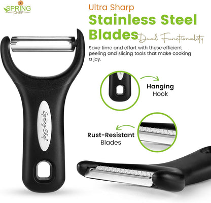 Premium Y & Vegetable Julienne Peeler Set for Kitchen with Stainless Steel Sharp Blades - Carrot Peelers with Comfortable Handles - Perfect for Zucchini, Cucumber, Papaya, Potato - Black