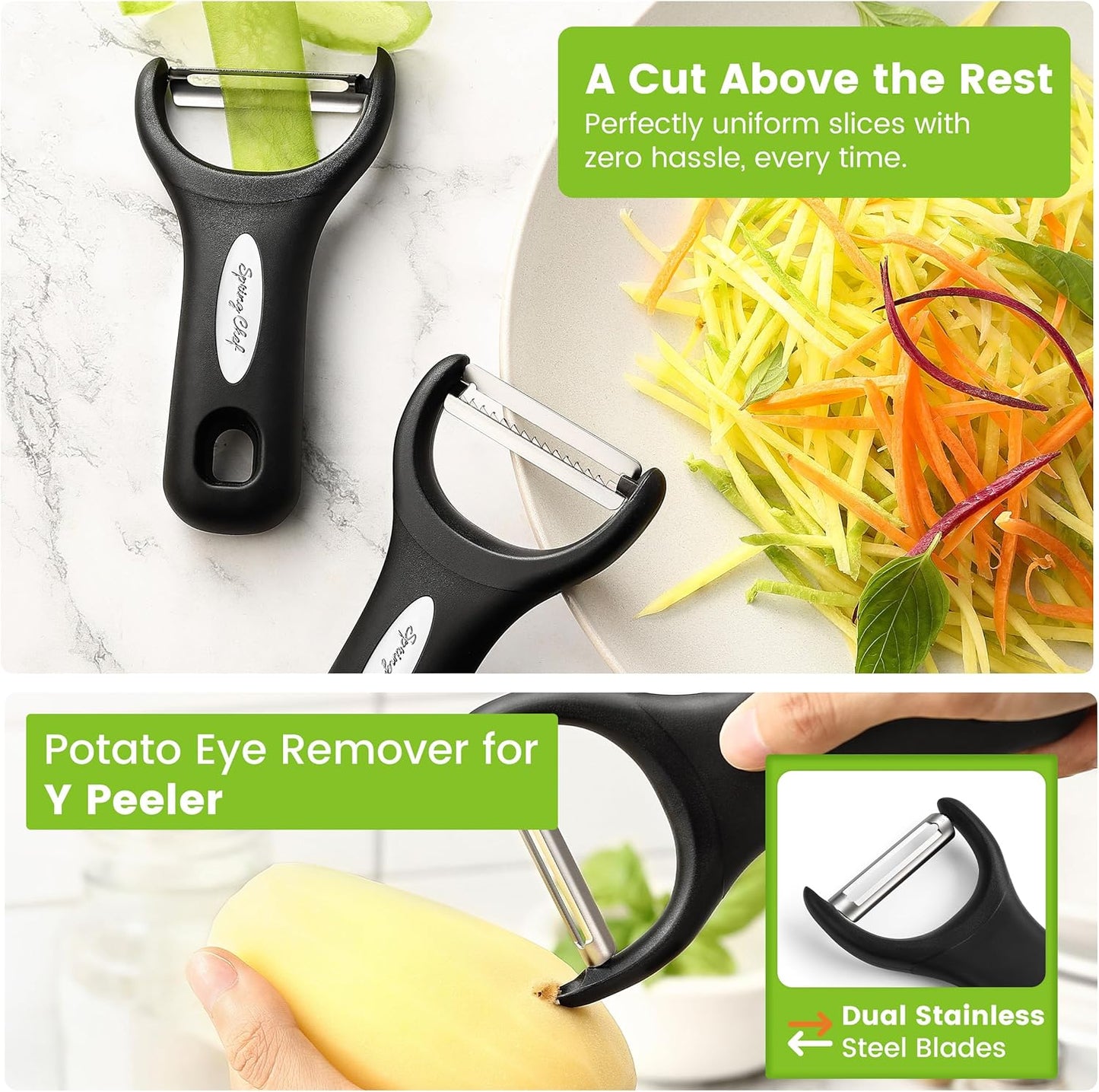 Premium Y & Vegetable Julienne Peeler Set for Kitchen with Stainless Steel Sharp Blades - Carrot Peelers with Comfortable Handles - Perfect for Zucchini, Cucumber, Papaya, Potato - Black
