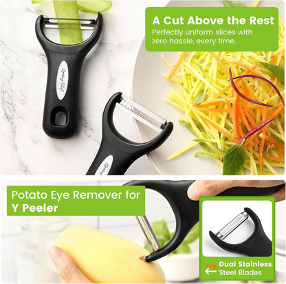 Premium Y & Vegetable Julienne Peeler Set for Kitchen with Stainless Steel Sharp Blades - Carrot Peelers with Comfortable Handles - Perfect for Zucchini, Cucumber, Papaya, Potato - Black