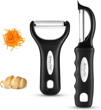 Premium Y & Vegetable Julienne Peeler Set for Kitchen with Stainless Steel Sharp Blades - Carrot Peelers with Comfortable Handles - Perfect for Zucchini, Cucumber, Papaya, Potato - Black