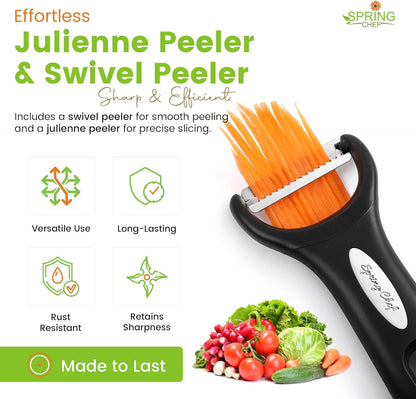 Premium Y & Vegetable Julienne Peeler Set for Kitchen with Stainless Steel Sharp Blades - Carrot Peelers with Comfortable Handles - Perfect for Zucchini, Cucumber, Papaya, Potato - Black