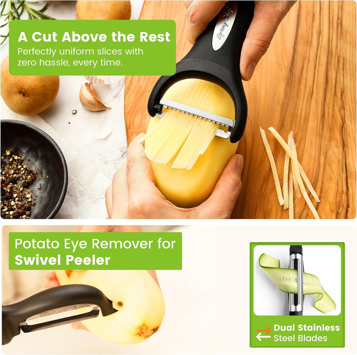 Premium Y & Vegetable Julienne Peeler Set for Kitchen with Stainless Steel Sharp Blades - Carrot Peelers with Comfortable Handles - Perfect for Zucchini, Cucumber, Papaya, Potato - Black