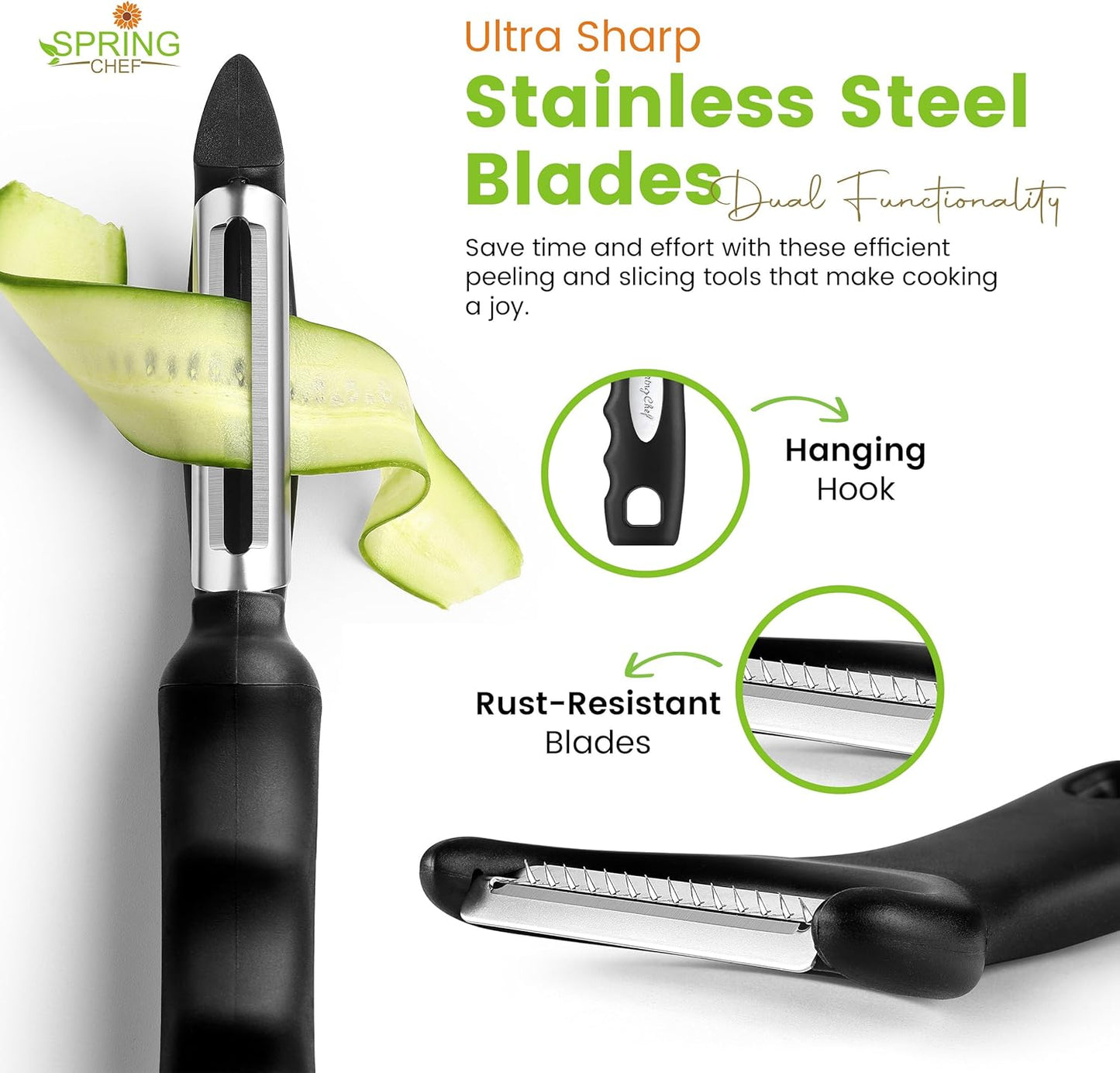 Premium Y & Vegetable Julienne Peeler Set for Kitchen with Stainless Steel Sharp Blades - Carrot Peelers with Comfortable Handles - Perfect for Zucchini, Cucumber, Papaya, Potato - Black
