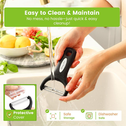 Premium Y & Vegetable Julienne Peeler Set for Kitchen with Stainless Steel Sharp Blades - Carrot Peelers with Comfortable Handles - Perfect for Zucchini, Cucumber, Papaya, Potato - Black