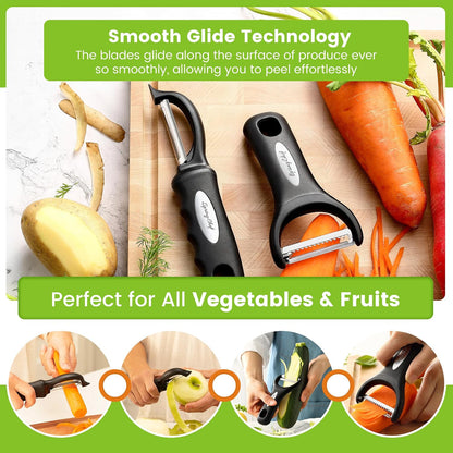 Premium Y & Vegetable Julienne Peeler Set for Kitchen with Stainless Steel Sharp Blades - Carrot Peelers with Comfortable Handles - Perfect for Zucchini, Cucumber, Papaya, Potato - Black