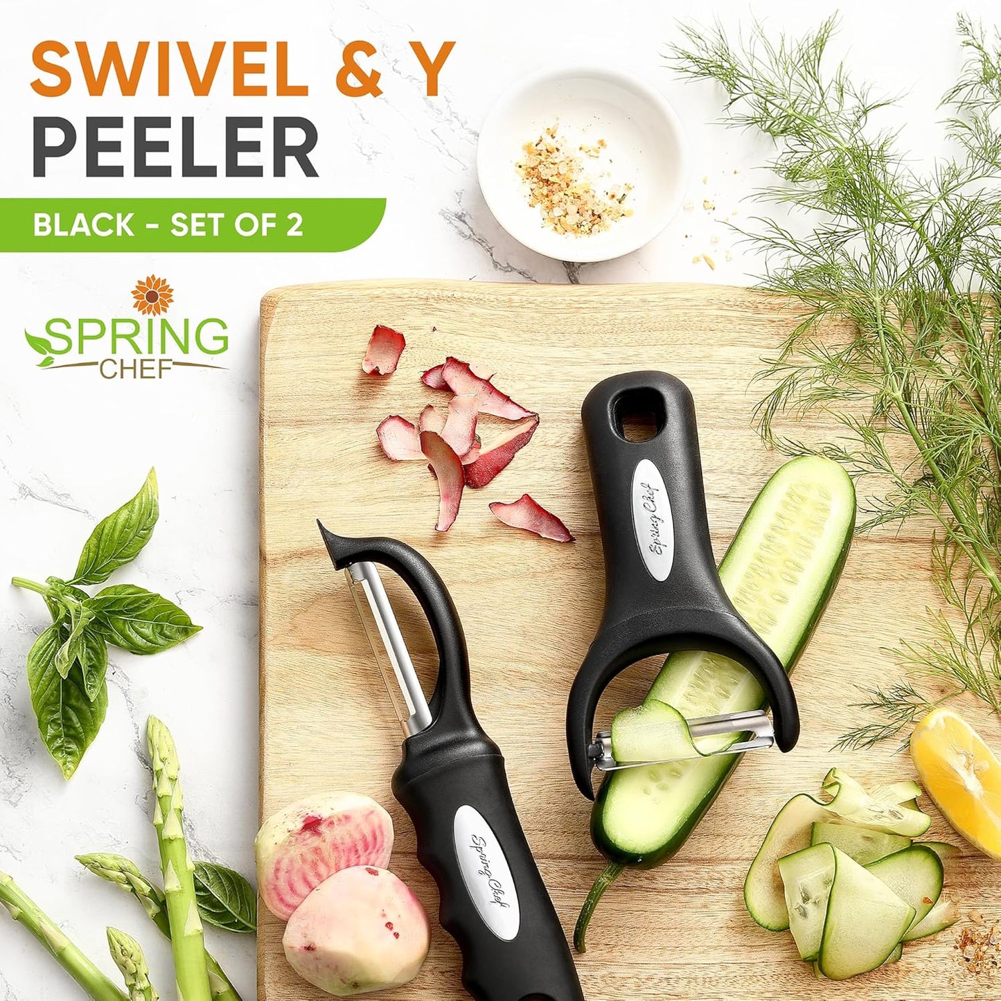 Premium Y & Vegetable Julienne Peeler Set for Kitchen with Stainless Steel Sharp Blades - Carrot Peelers with Comfortable Handles - Perfect for Zucchini, Cucumber, Papaya, Potato - Black
