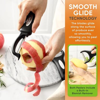 Premium Y & Vegetable Julienne Peeler Set for Kitchen with Stainless Steel Sharp Blades - Carrot Peelers with Comfortable Handles - Perfect for Zucchini, Cucumber, Papaya, Potato - Black