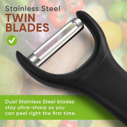 Premium Y & Vegetable Julienne Peeler Set for Kitchen with Stainless Steel Sharp Blades - Carrot Peelers with Comfortable Handles - Perfect for Zucchini, Cucumber, Papaya, Potato - Black