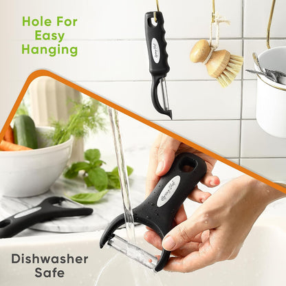 Premium Y & Vegetable Julienne Peeler Set for Kitchen with Stainless Steel Sharp Blades - Carrot Peelers with Comfortable Handles - Perfect for Zucchini, Cucumber, Papaya, Potato - Black