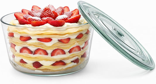 101 oz Large Trifle Bowl with Plastic Lid, Airtight Clear Thickened Glass Salad Bowl, Trifle Dish for Cakes Popcorn Fruit Dessert Baking, Food Storage Container for Parties Weddings Holiday, Round