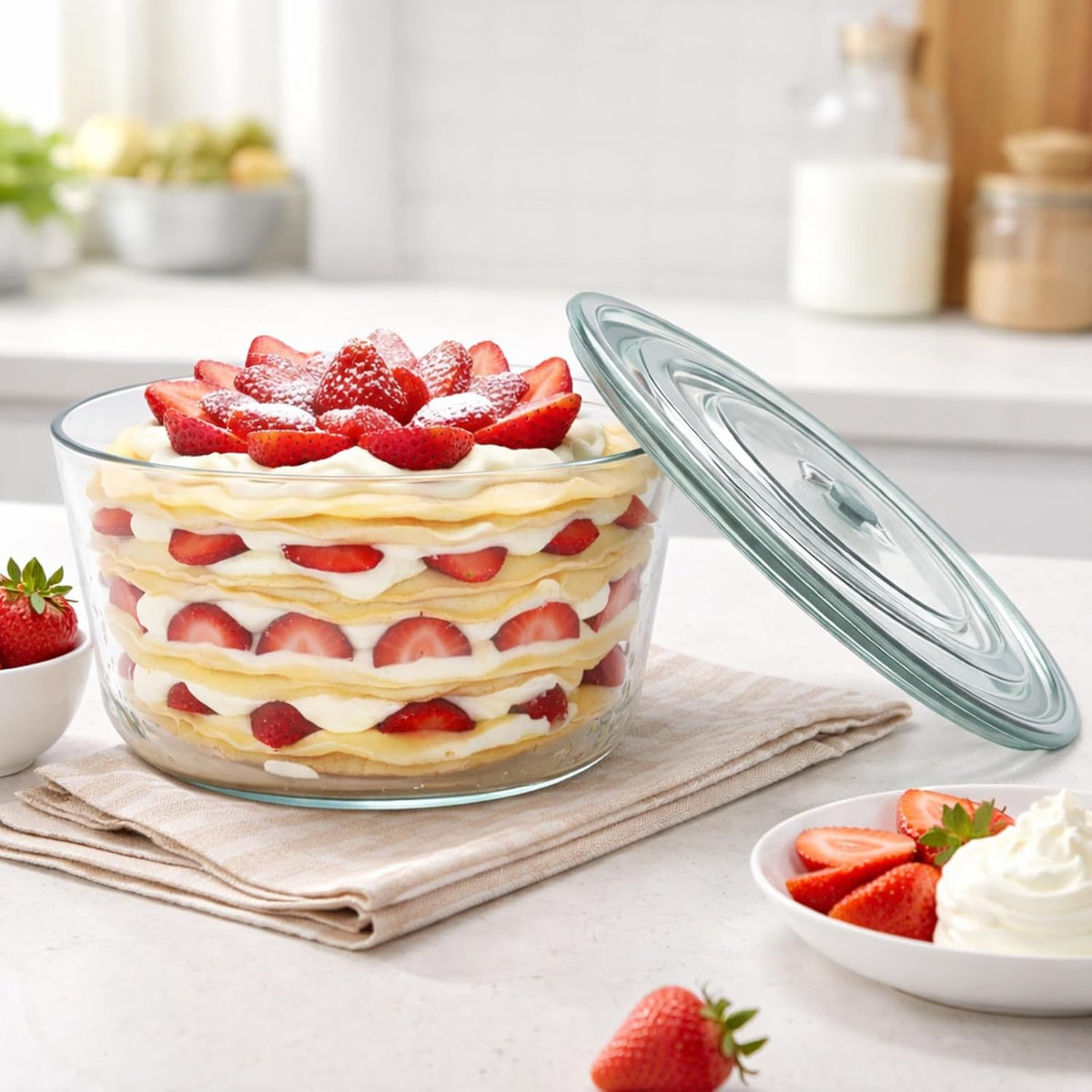 101 oz Large Trifle Bowl with Plastic Lid, Airtight Clear Thickened Glass Salad Bowl, Trifle Dish for Cakes Popcorn Fruit Dessert Baking, Food Storage Container for Parties Weddings Holiday, Round