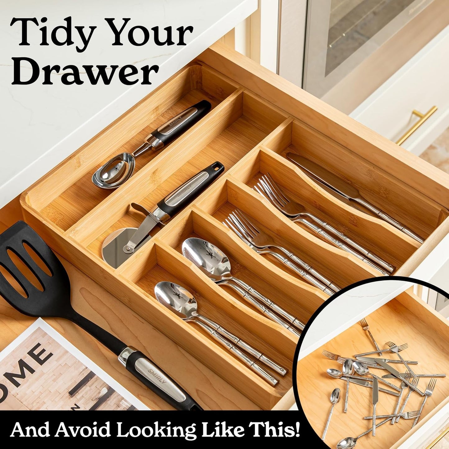 Silverware Drawer Organizer – Bamboo Kitchen Drawer Organizer, Adjustable Utensil Holder and Cutlery Tray, Drawer Dividers for Flatware and Kitchen Utensils
