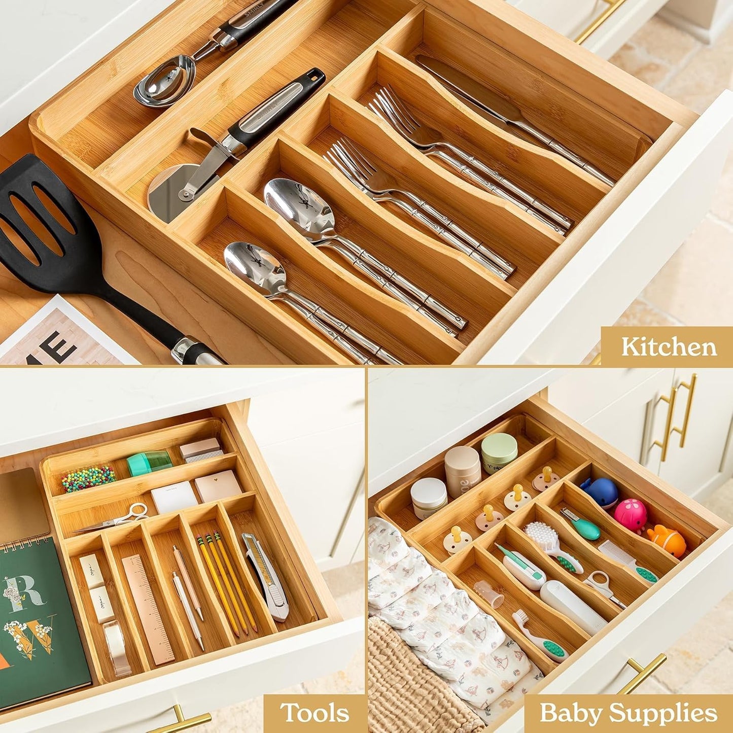 Silverware Drawer Organizer – Bamboo Kitchen Drawer Organizer, Adjustable Utensil Holder and Cutlery Tray, Drawer Dividers for Flatware and Kitchen Utensils