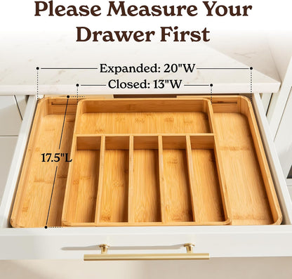 Silverware Drawer Organizer – Bamboo Kitchen Drawer Organizer, Adjustable Utensil Holder and Cutlery Tray, Drawer Dividers for Flatware and Kitchen Utensils