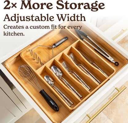 Silverware Drawer Organizer – Bamboo Kitchen Drawer Organizer, Adjustable Utensil Holder and Cutlery Tray, Drawer Dividers for Flatware and Kitchen Utensils