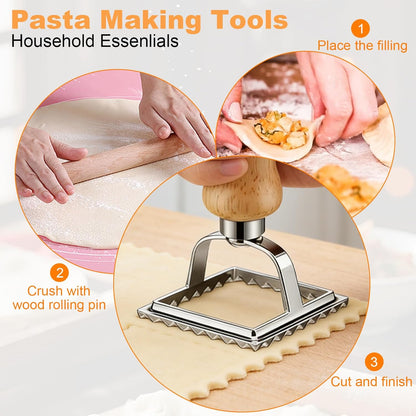 11 Pieces Ravioli Mold Set, Easy-to-Use Ravioli Maker Press with Ravioli Cutter Wheel, Pasta Cutter & Ravioli Making Kit, Wooden Pasta RollerPasta Making Tools for home，pasta lover