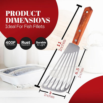 Fish Spatula, Slotted Stainless Steel Fish Turner | 6.5" Blade • Ergonomic Walnut Wood Handle • Ideal for Fish, Seafood & Everyday Cooking • Home & Professional Use