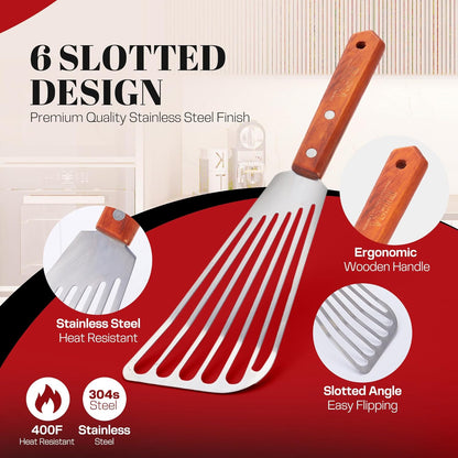 Fish Spatula, Slotted Stainless Steel Fish Turner | 6.5" Blade • Ergonomic Walnut Wood Handle • Ideal for Fish, Seafood & Everyday Cooking • Home & Professional Use