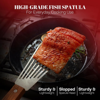 Fish Spatula, Slotted Stainless Steel Fish Turner | 6.5" Blade • Ergonomic Walnut Wood Handle • Ideal for Fish, Seafood & Everyday Cooking • Home & Professional Use