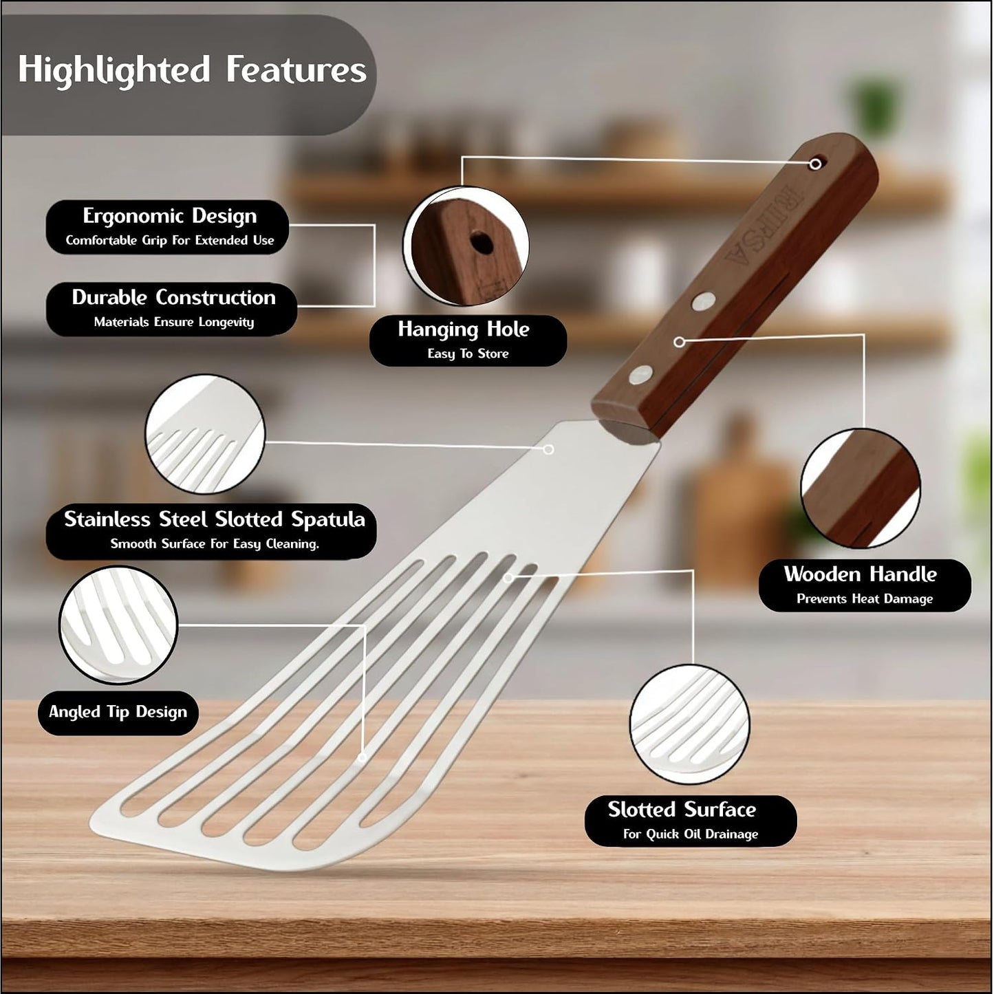 Fish Spatula, Slotted Stainless Steel Fish Turner | 6.5" Blade • Ergonomic Walnut Wood Handle • Ideal for Fish, Seafood & Everyday Cooking • Home & Professional Use