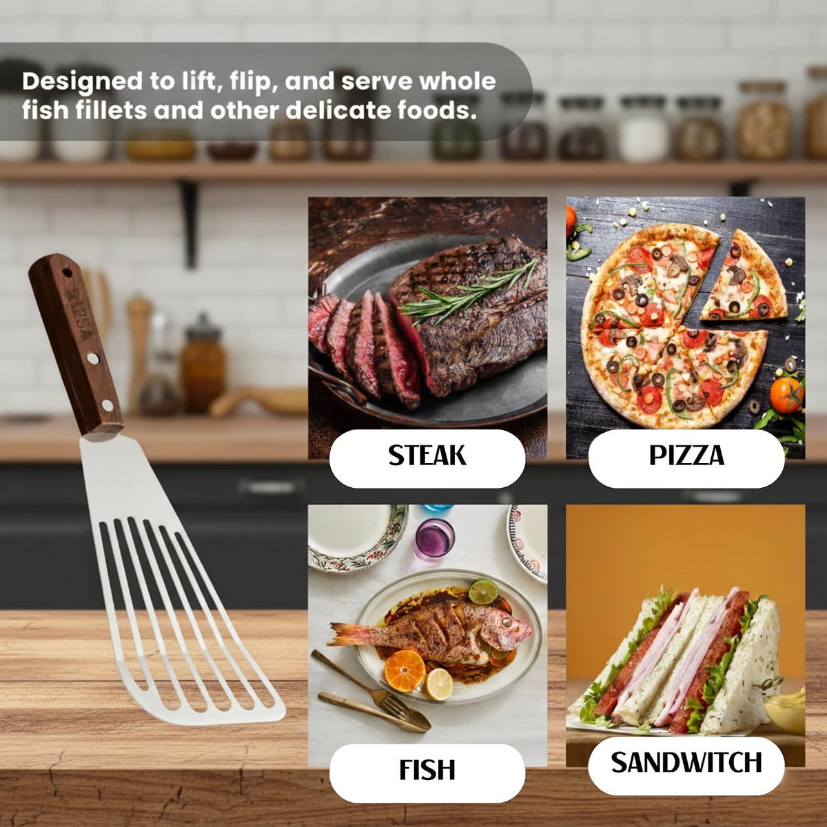 Fish Spatula, Slotted Stainless Steel Fish Turner | 6.5" Blade • Ergonomic Walnut Wood Handle • Ideal for Fish, Seafood & Everyday Cooking • Home & Professional Use