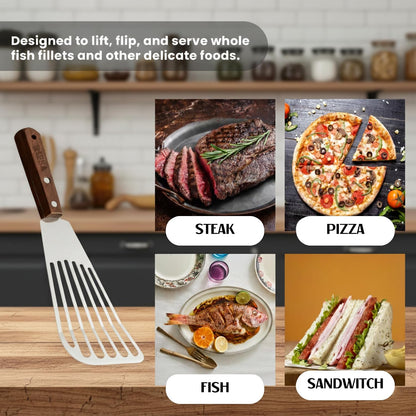 Fish Spatula, Slotted Stainless Steel Fish Turner | 6.5" Blade • Ergonomic Walnut Wood Handle • Ideal for Fish, Seafood & Everyday Cooking • Home & Professional Use