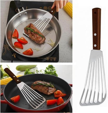 Fish Spatula, Slotted Stainless Steel Fish Turner | 6.5" Blade • Ergonomic Walnut Wood Handle • Ideal for Fish, Seafood & Everyday Cooking • Home & Professional Use