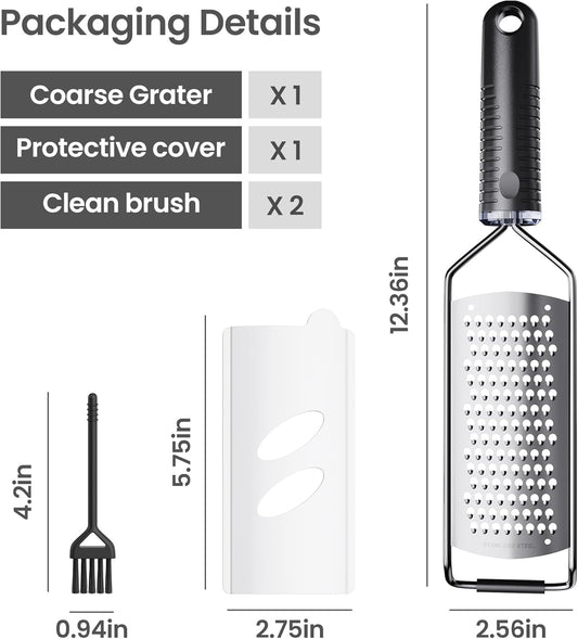 Coarse Grater for Cheese & Vegetables - Non-Slip Grip | Dishwasher Safe Stainless Steel (Black)